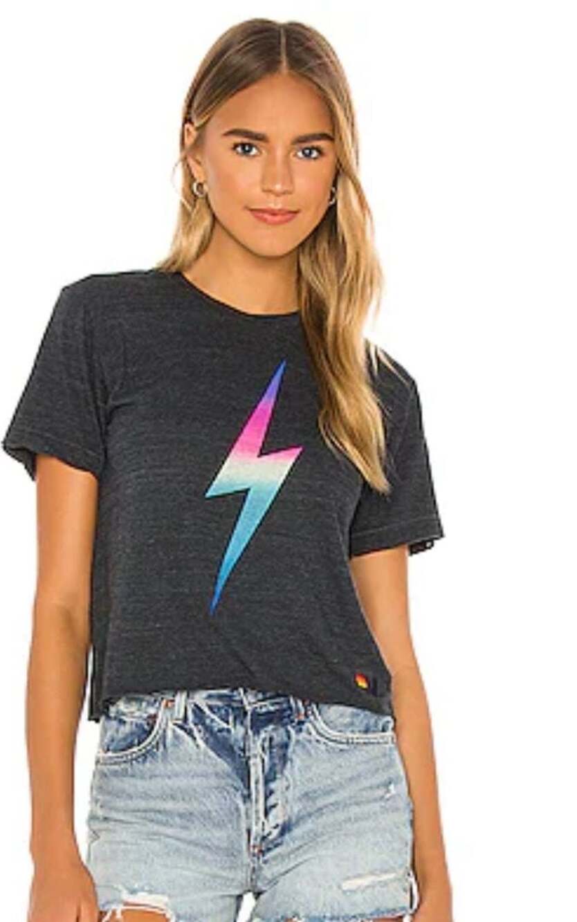 Aviator Nation Rainbow Pink Bolt Boyfriend Tee Charcoal Grey Size Small